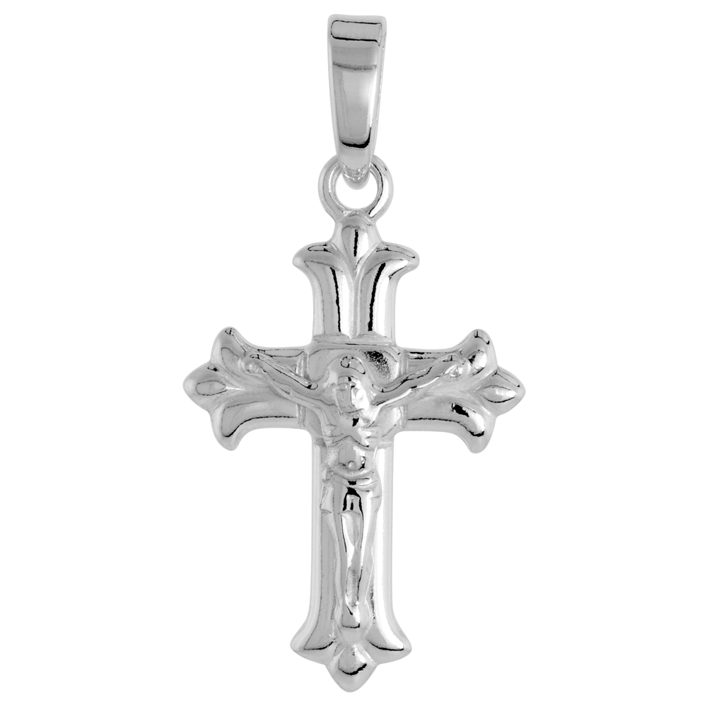 Sterling Silver Small Cross Fleury Crucifix Pendant Solid Back High Polished, 5/8 inch wide