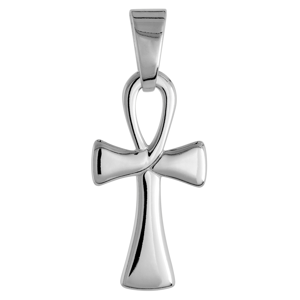 Sterling Silver Small Ankh Pendant Stylized Solid Back High Polished, 9/16 inch wide