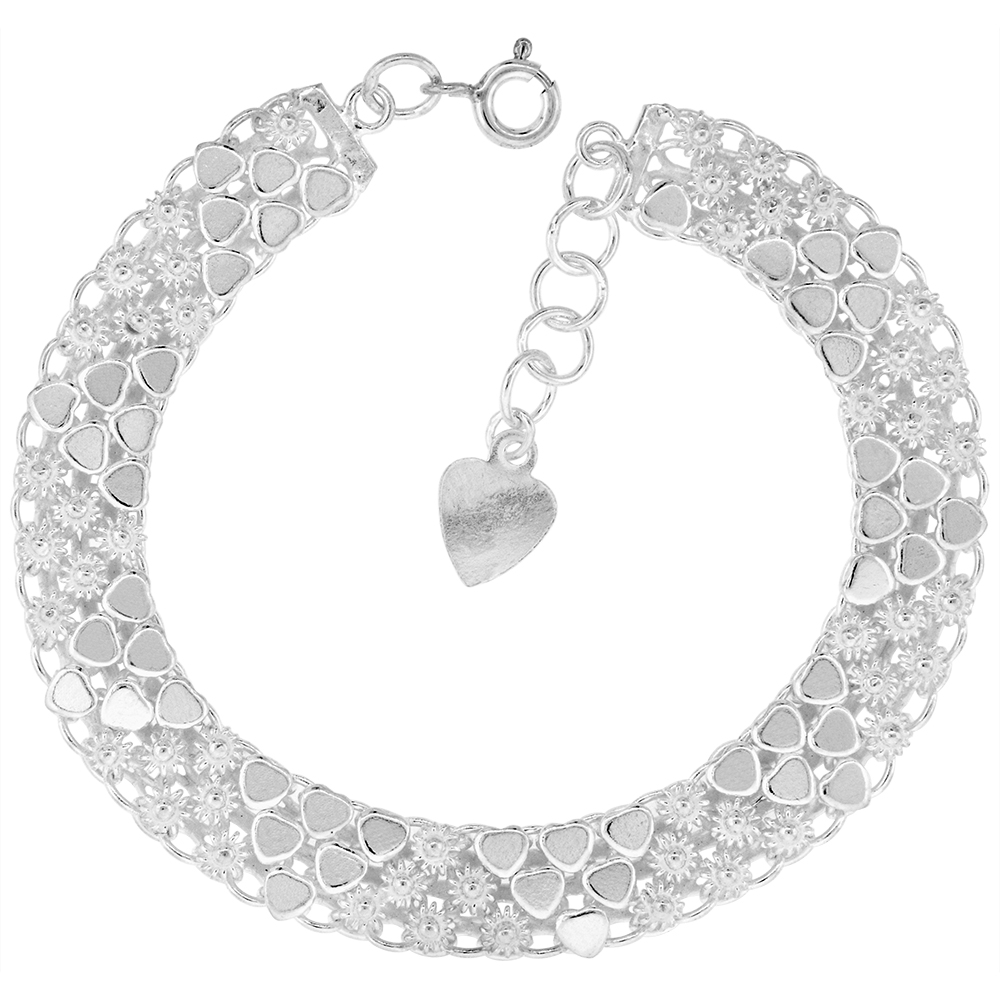 3/8 inch Wide Sterling Silver Teeny Flowers and Hearts Charm Bracelet for Women 10mm fits 7-8 inch wrists
