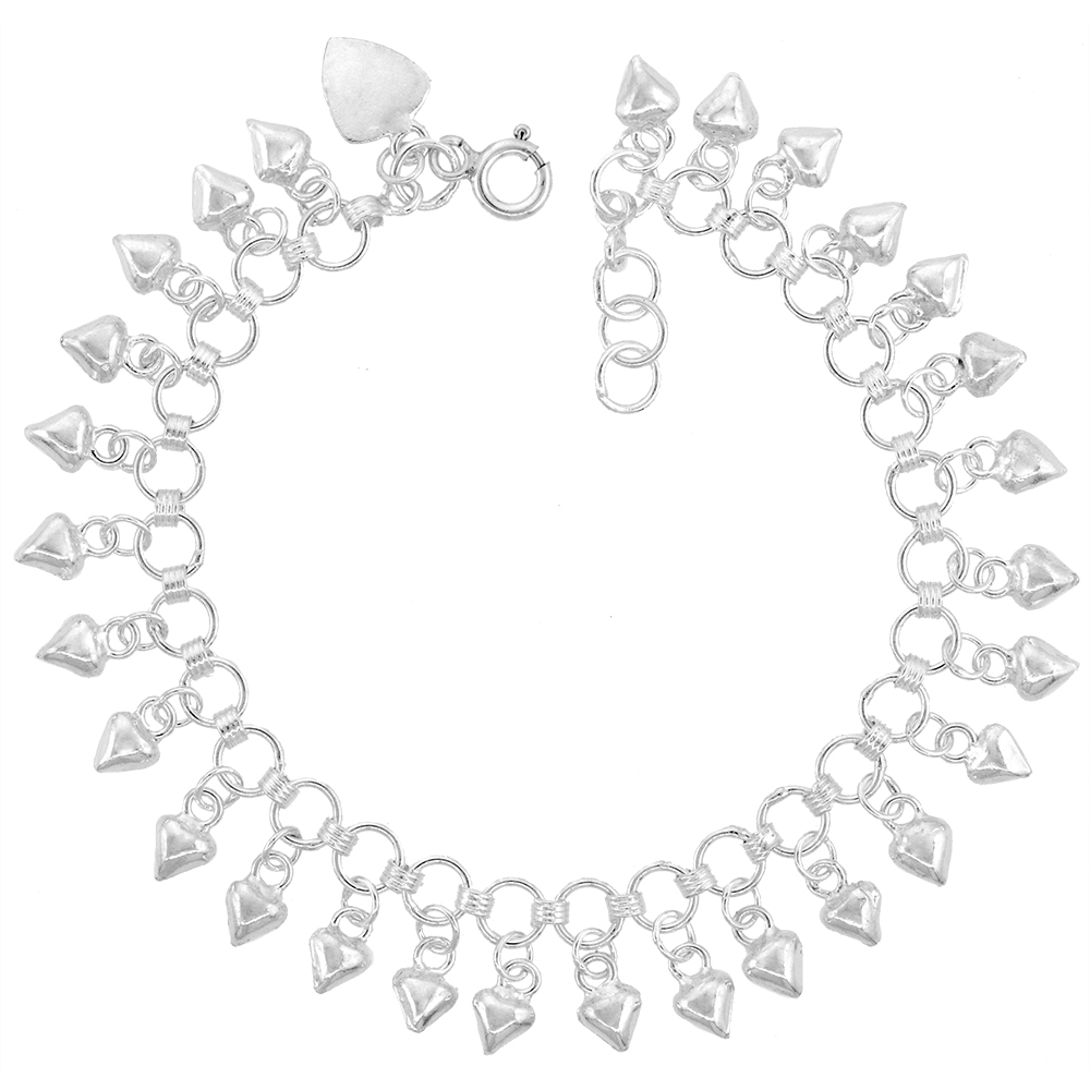Sterling Silver Dangling Teeny Hearts Charm Bracelet for Women 13mm drop fits 7-8 inch wrists