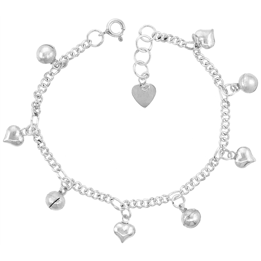 Sterling Silver Dangling Hearts and Jingle Bells Charm Bracelet for Women 12mm drop fits 7-8 inch wrists