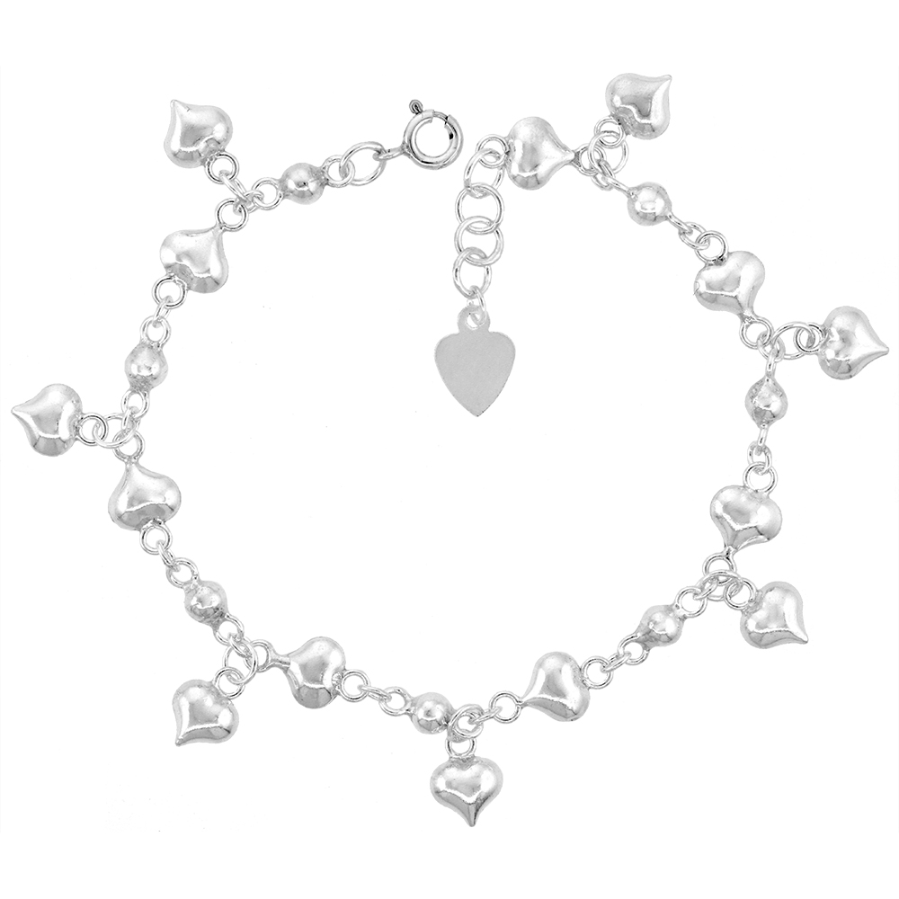 Sterling Silver Dangling Hearts Charm Bracelet for Women 15mm drop fits 7-8 inch wrists