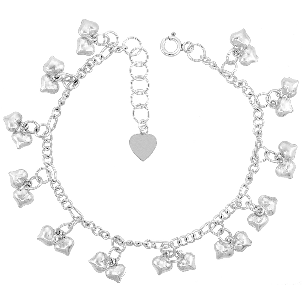 Sterling Silver Dangling Teeny Double Hearts Charm Bracelet for Women 11mm drop fits 7-8 inch wrists