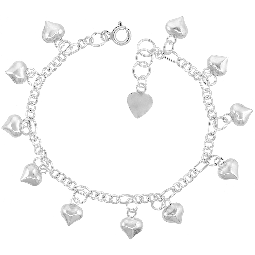 Sterling Silver Dangling Puffy Hearts Charm Bracelet for Women 15mm drop fits 7-8 inch wrists