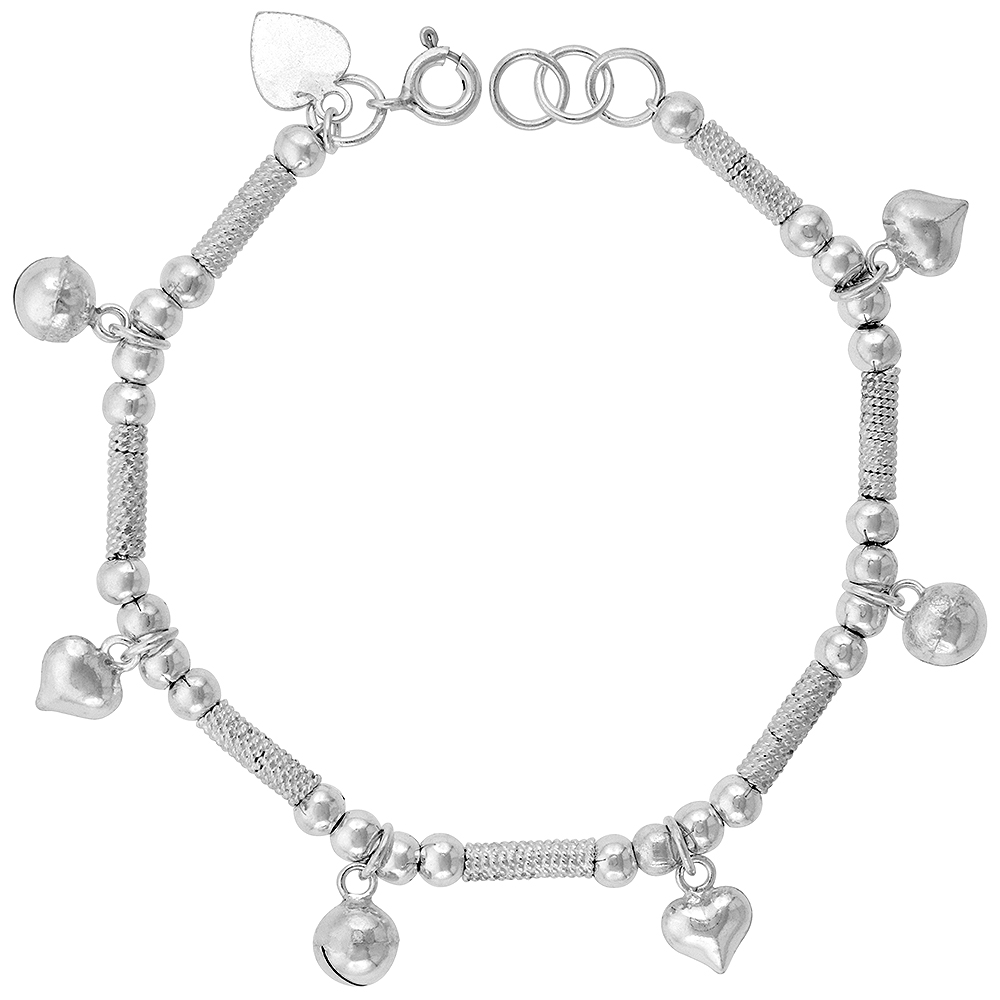 Sterling Silver Dangling Puffy Hearts and Jingle Bells Charm Bracelet for Women 13mm drop fits 7-8 inch wrists
