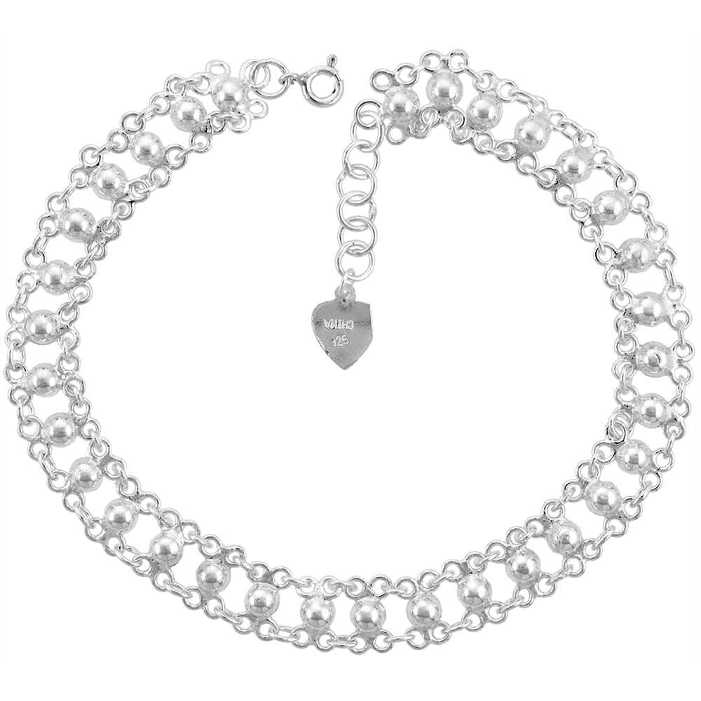 5/16 inch wide Sterling Silver Half Beads Charm Bracelet for Women 8mm fits 7-8 inch wrists