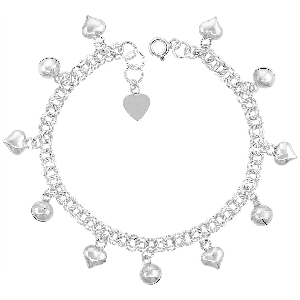 Sterling Silver Dangling Hearts and Jingle Bells Charm Bracelet for Women 13mm drops fits 7-8 inch wrists