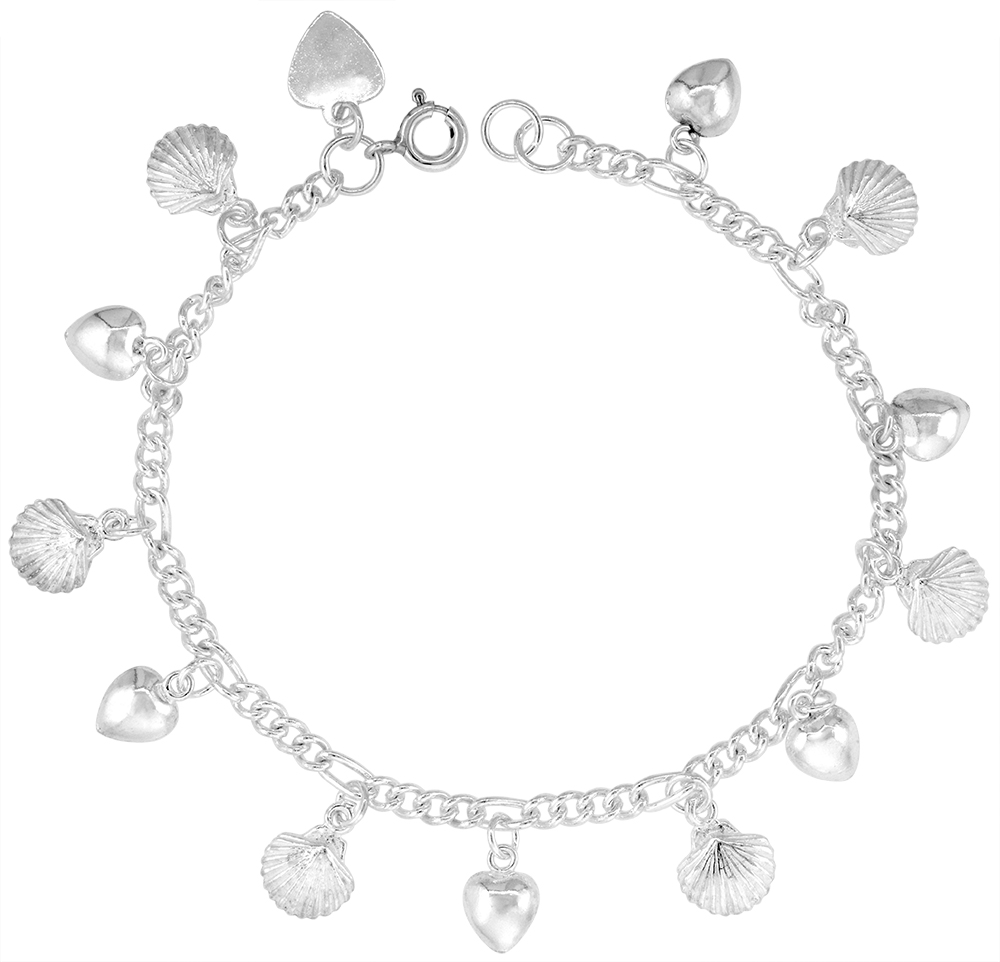 Sterling Silver Dangling Hearts and Shells Charm Bracelet for Women 14mm drops fits 7-8 inch wrists