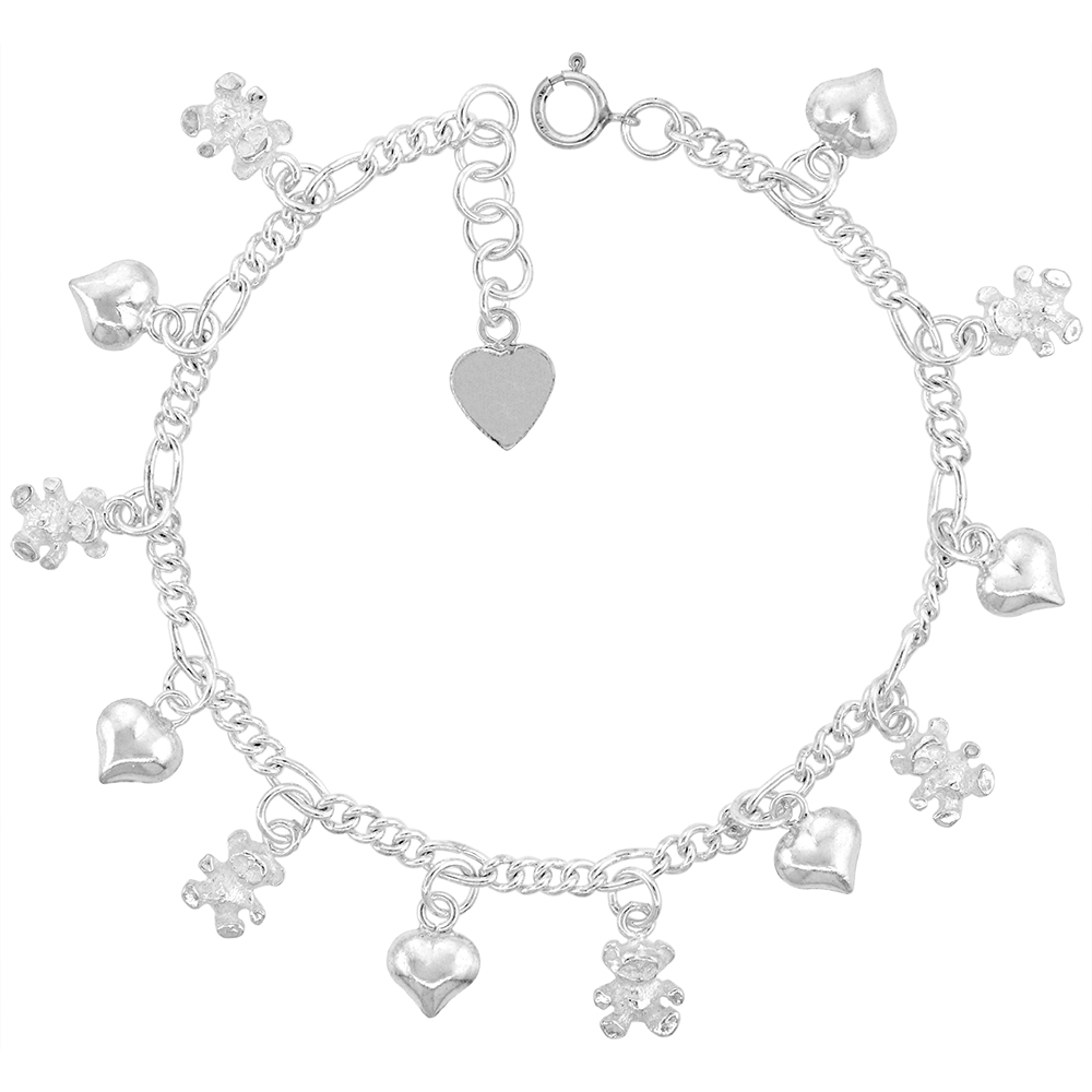 Sterling Silver Dangling Hearts and Teddy Bears Charm Bracelet for Women 14mm drops fits 7-8 inch wrists
