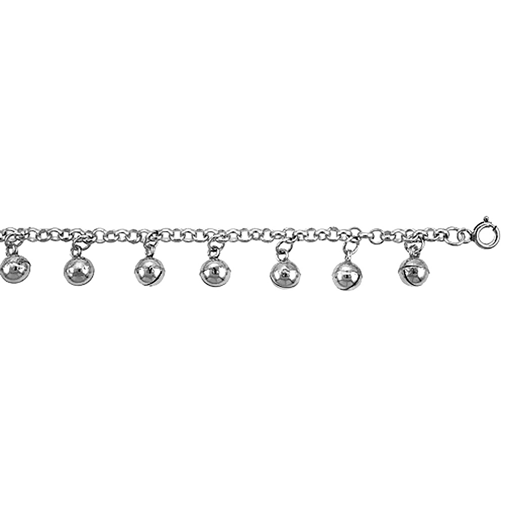 Sterling Silver Dangling Jingle Bells Charm Bracelet for Women Rolo Links 12mm Drops fits 7-8 inch wrists