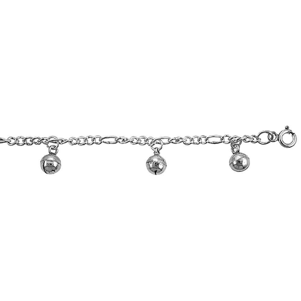 Sterling Silver Dangling Jingle Bells Charm Bracelet for Women Figaro Links 12mm Drops fits 7-8 inch wrists