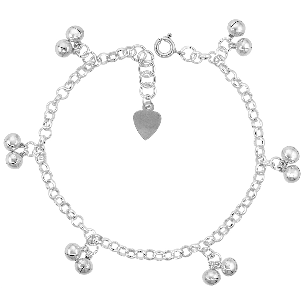 Sterling Silver Dangling Double Jingle Bells Charm Bracelet for Women 12mm Drops fits 7-8 inch wrists