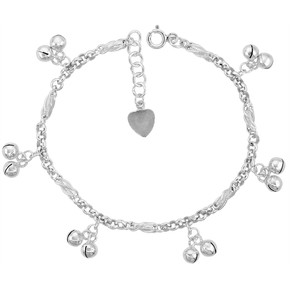 Sterling Silver Dangling Double Jingle Bells Charm Bracelet for Women Rolo Links10mm Drops fits 7-8 inch wrists