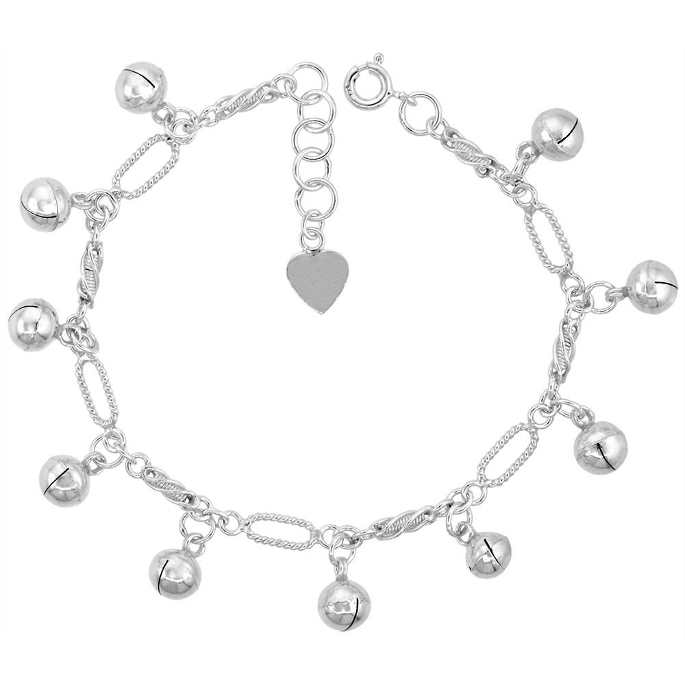 Sterling Silver Dangling Jingle Bells Charm Bracelet for Women Oval Rope Links12mm Drops fits 7-8 inch wrists