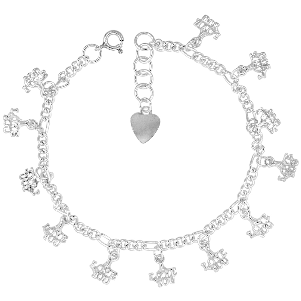 Sterling Silver Dangling I LOVE YOU Charm Bracelet for Women 12mm Drops fits 7-8 inch wrists