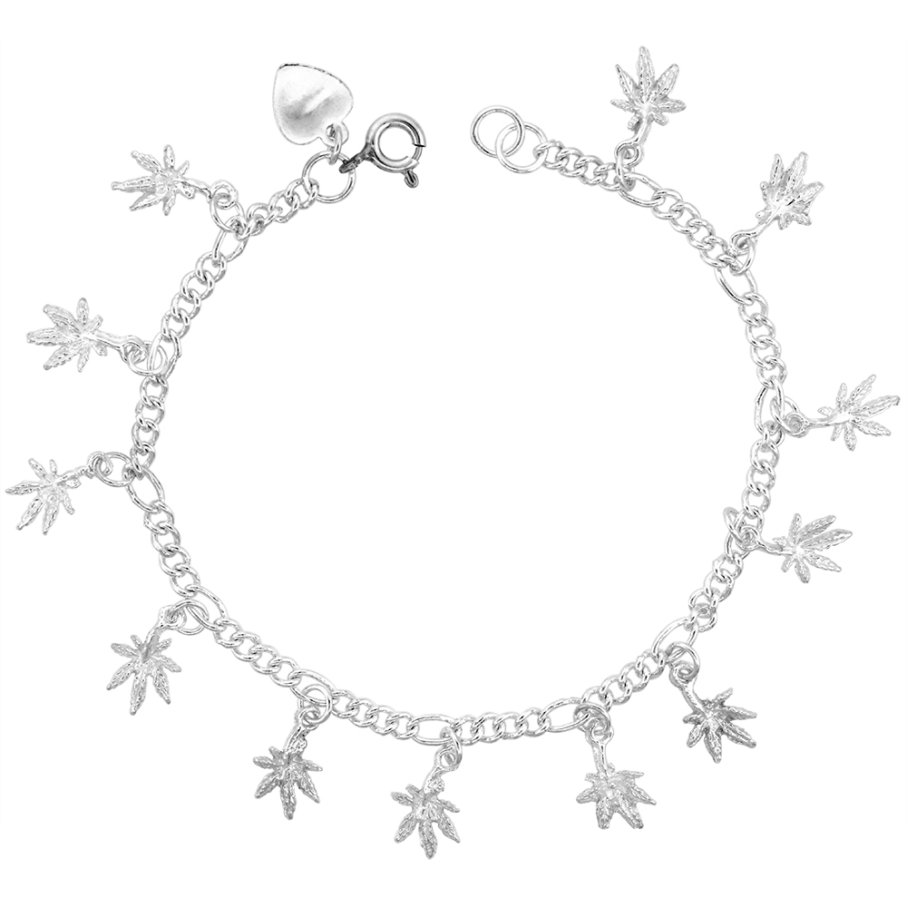 Sterling Silver Dangling Figaro Link Pot Leaf Charm Bracelet for Women 14mm Drops fits 7-8 inch wrists