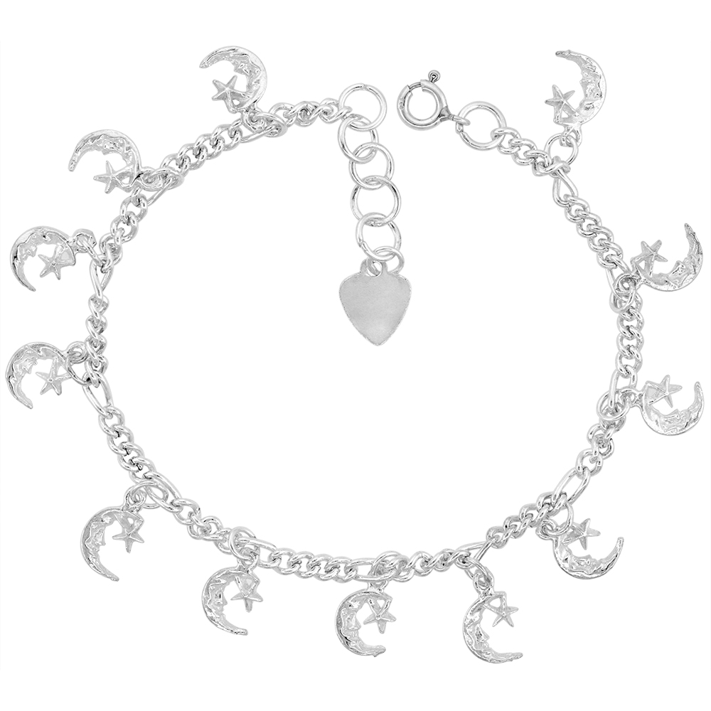 Sterling Silver Dangling Man in the Moon Charm Bracelet for Women 14mm Drops fits 7-8 inch wrists