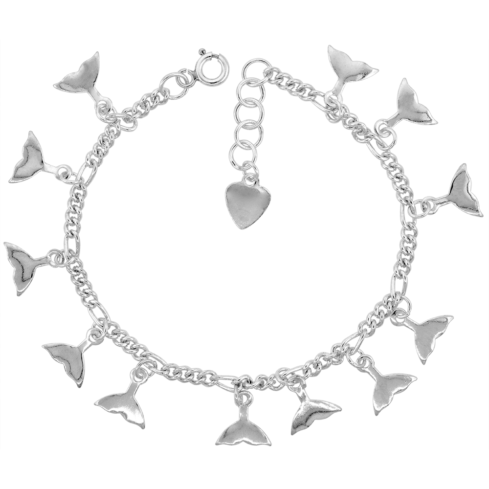 Sterling Silver Dangling Whale Tail Charm Bracelet for Women 12mm drops fits 7-8 inch wrists