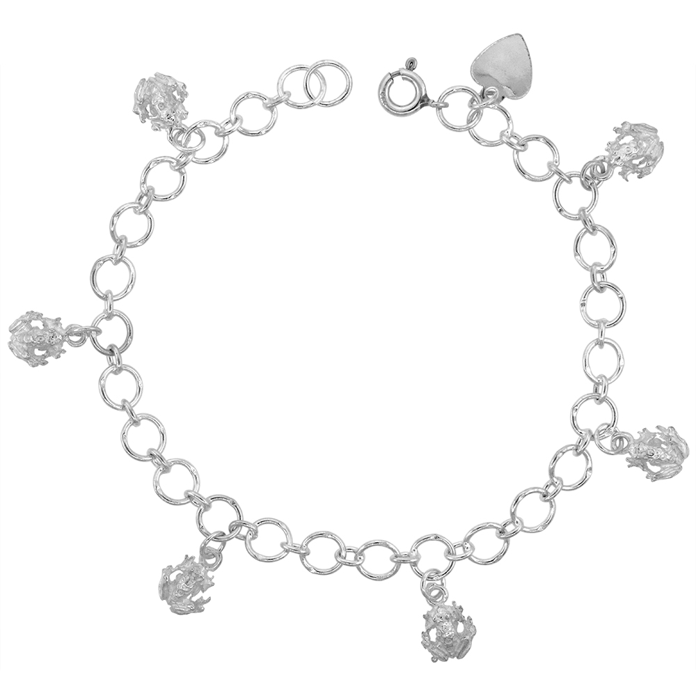 Sterling Silver Dangling Frogs Charm Bracelet for Women 15mm drops fits 7-8 inch wrists
