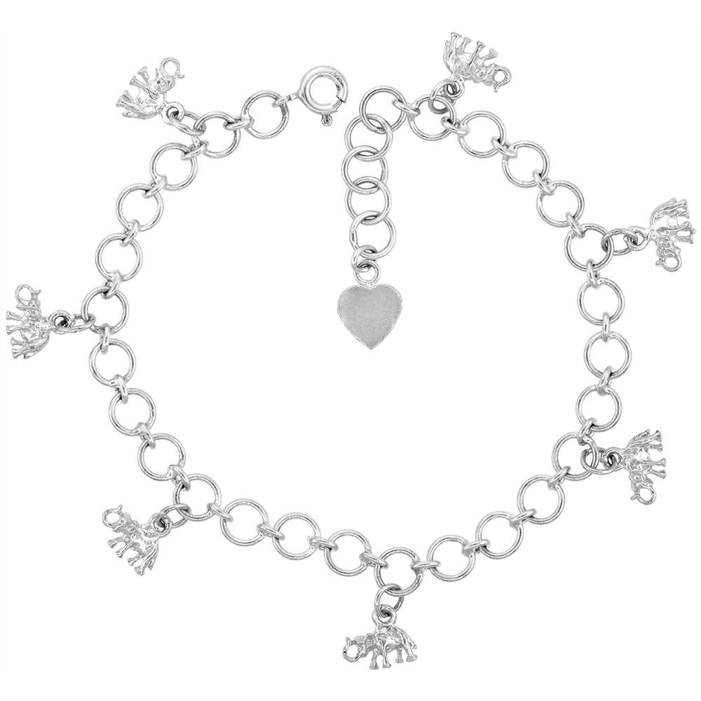 Sterling Silver Dangling Elephants Charm Bracelet for Women 15mm drops fits 7-8 inch wrists