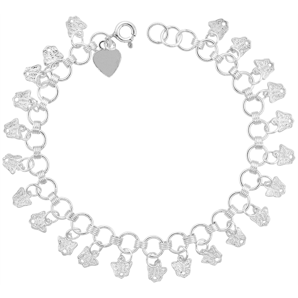 Sterling Silver Dangling Butterfly Charm Bracelet for Women 12mm drops fits 7-8 inch wrists