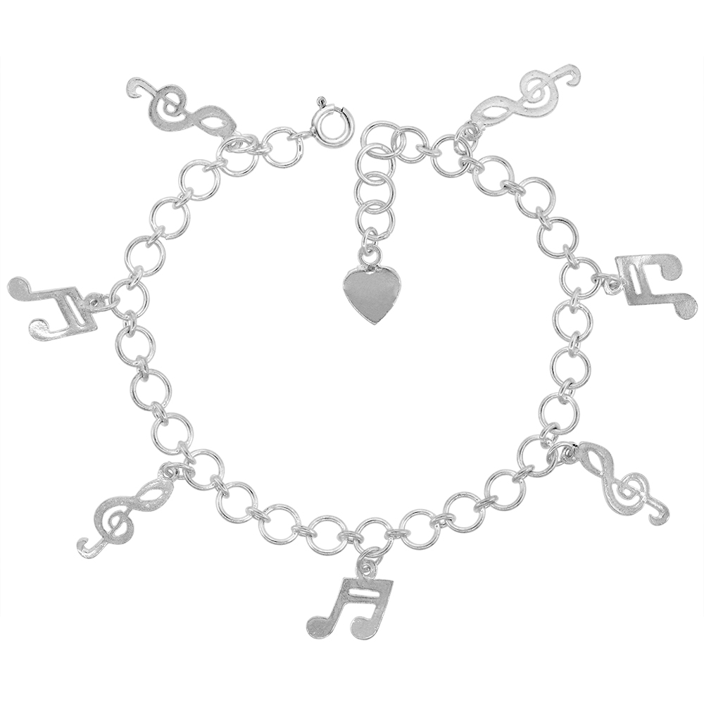 Sterling Silver Dangling Musical Notes Charm Bracelet for Women 25mm drops fits 7-8 inch wrists