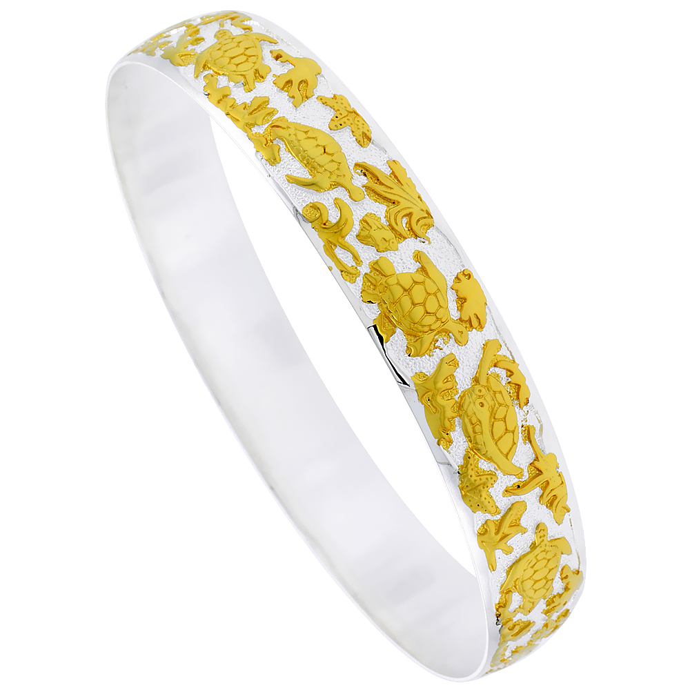 Sterling Silver SeaTurtle Hawaiian Bangle Bracelet 2 Tone, fits up to 8 inch wrist