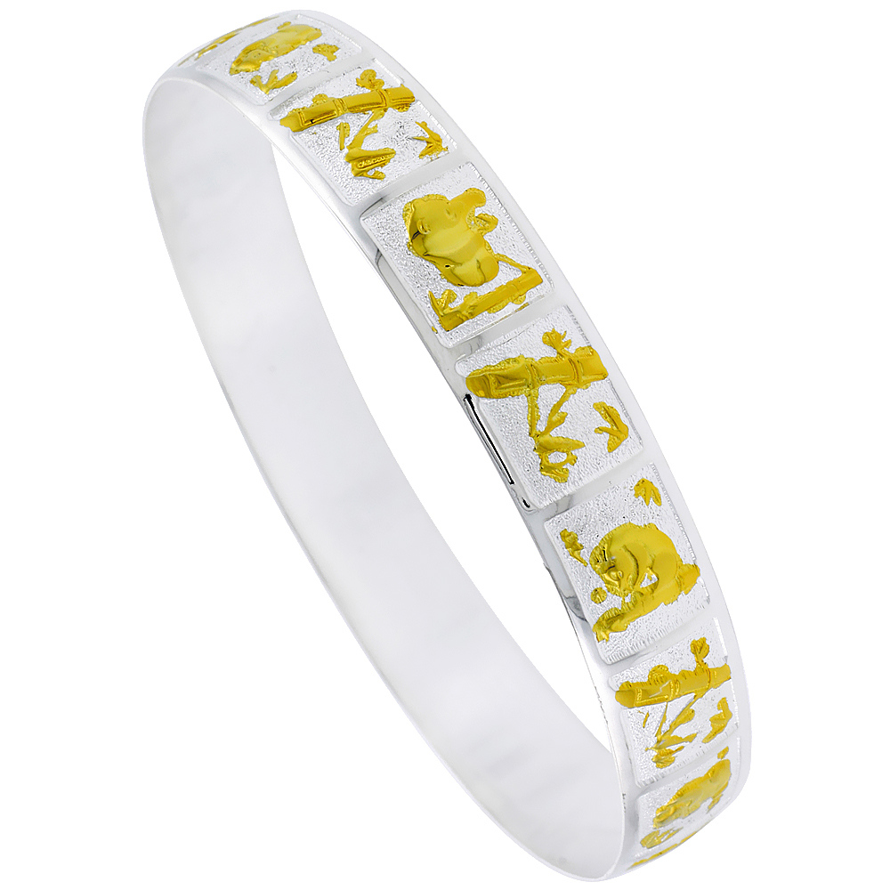 Sterling Silver Bamboo and Panda Bangle Bracelet 2 Tone, fits up to 8 inch wrist