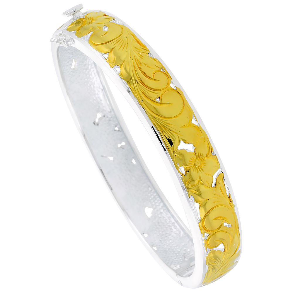 Sterling Silver Hibiscus Hawaiian Bangle Bracelet Hinged 2 Tone, fits up to 8 inch wrist