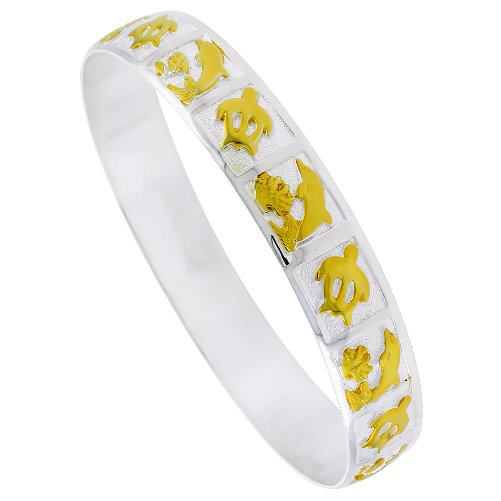 Sterling Silver Honu Sea Turtle and Dolphin Hawaiian Bangle Bracelet 2 Tone, fits up to 8 inch wrist