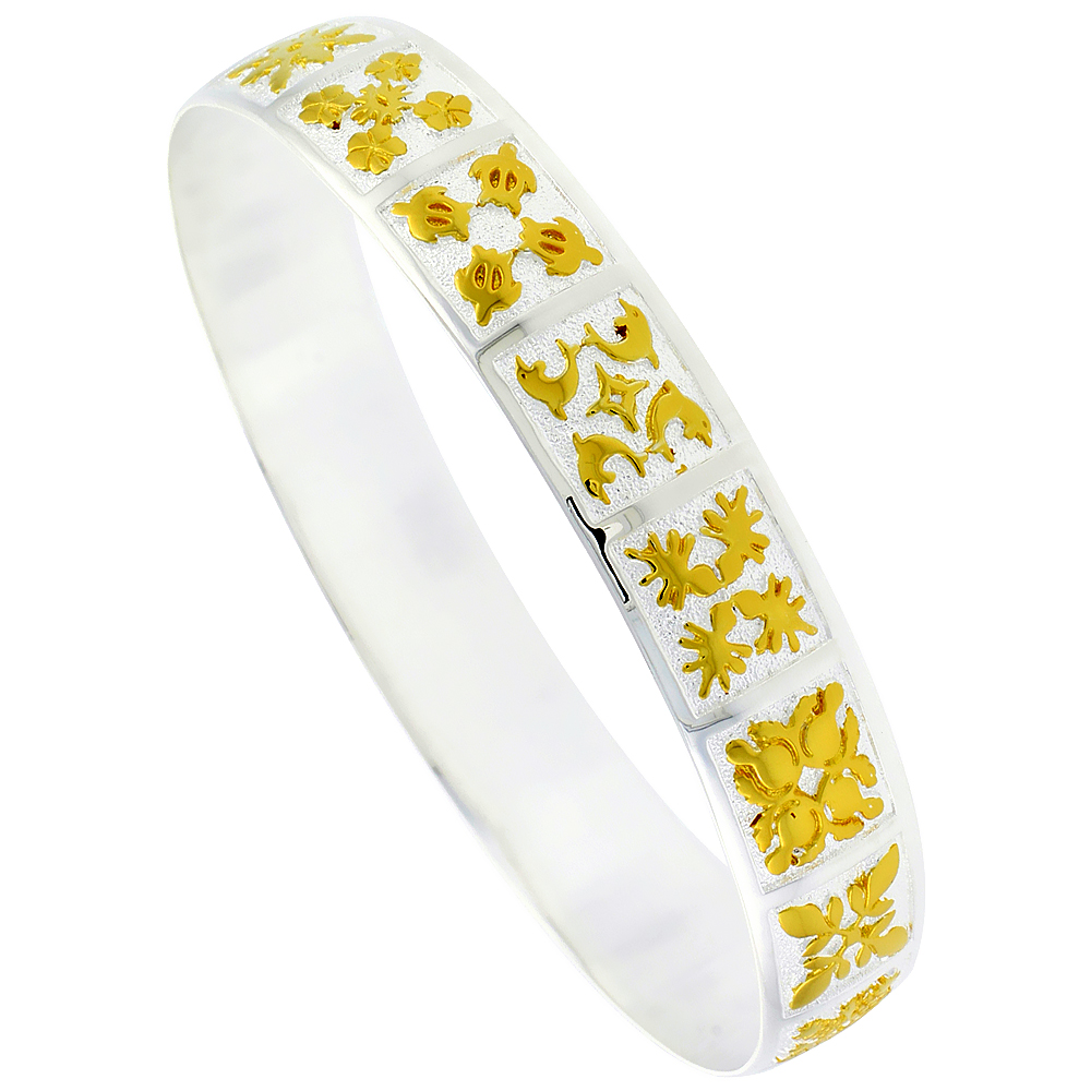 Sterling Silver Tropical Island Wildlife Hawaiian Bangle Bracelet 2 Tone, fits up to 8 inch wrist