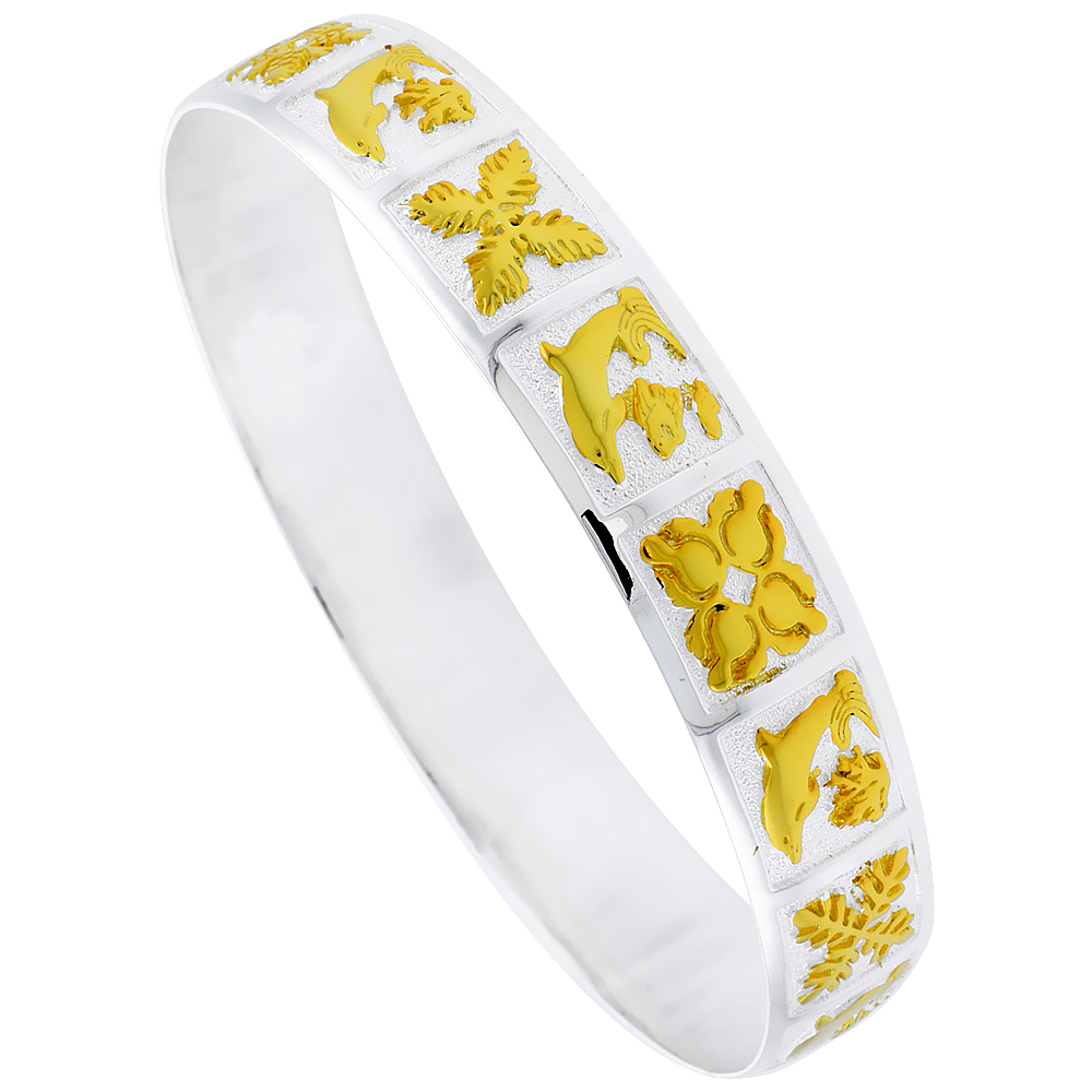 Sterling Silver Dolphin Island Wildlife Hawaiian Bangle Bracelet 2 Tone, fits up to 8 inch wrist