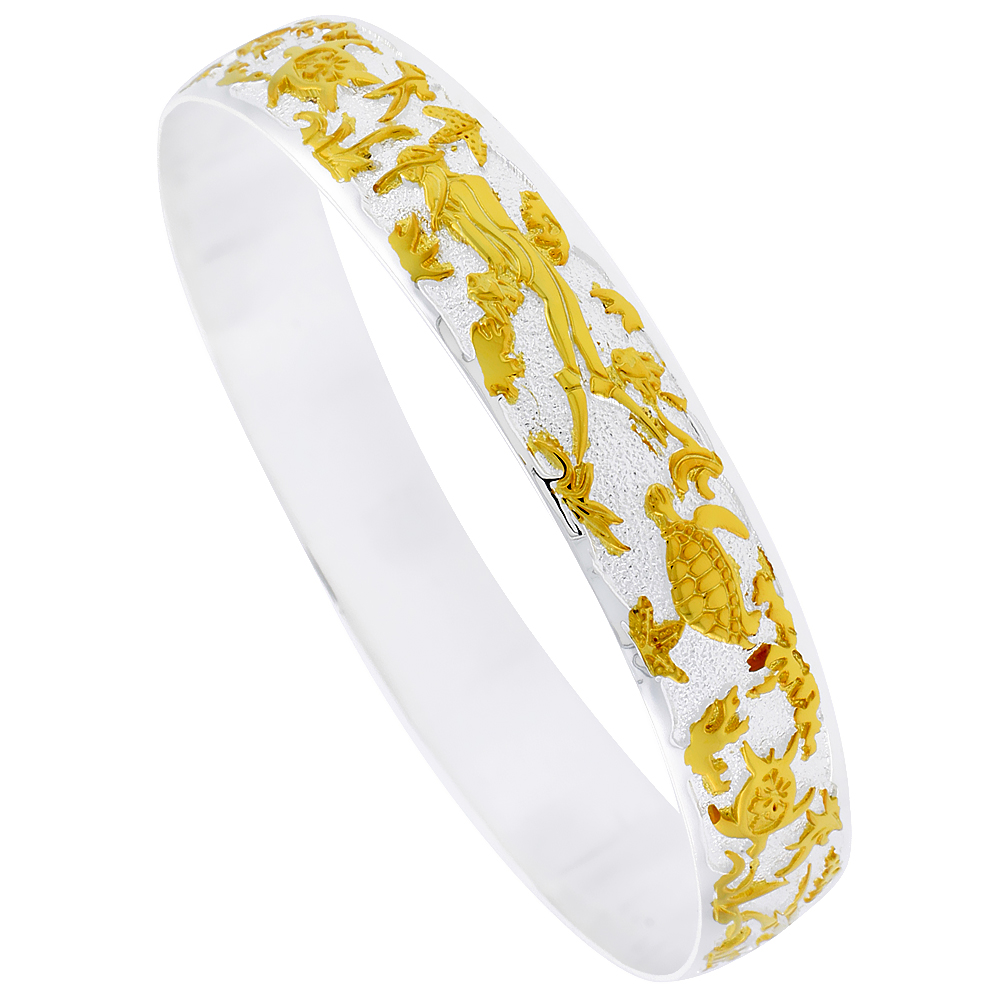 Sterling Silver Turtle and Diver Hawaiian Bangle Bracelet 2 Tone, fits up to 8 inch wrist