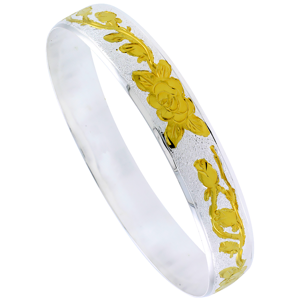 Sterling Silver Island Rose Hawaiian Bangle Bracelet 2 Tone, fits up to 8 inch wrist