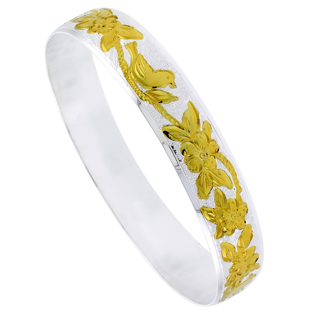 Sterling Silver Bird and Hibiscus Hawaiian Bangle Bracelet 2 Tone, fits up to 8 inch wrist