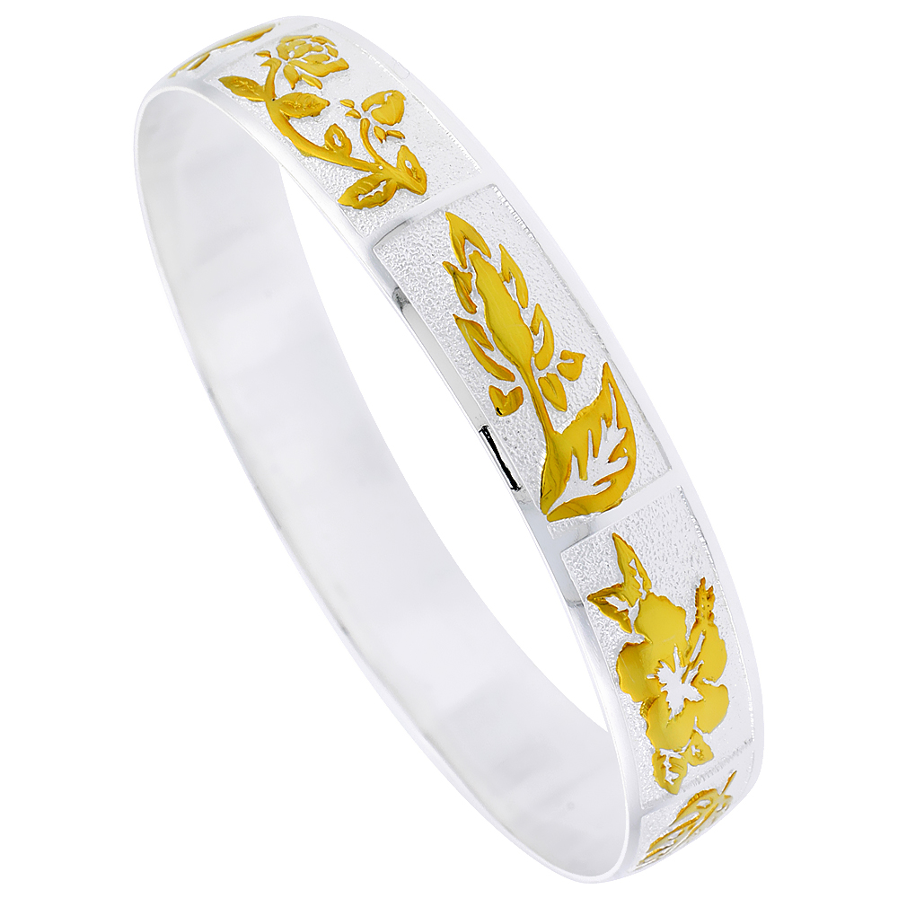 Sterling Silver Double Hibiscus Hawaiian Bangle Bracelet 2 Tone, fits up to 8 inch wrist