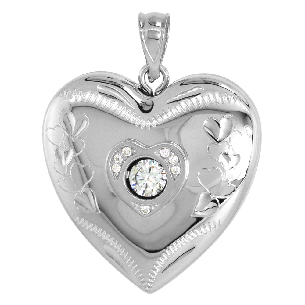 1 inch Sterling Silver Cubic Zirconia Dancing Stone Heart Locket Pendant for Women Hearts Etching NO CHAIN