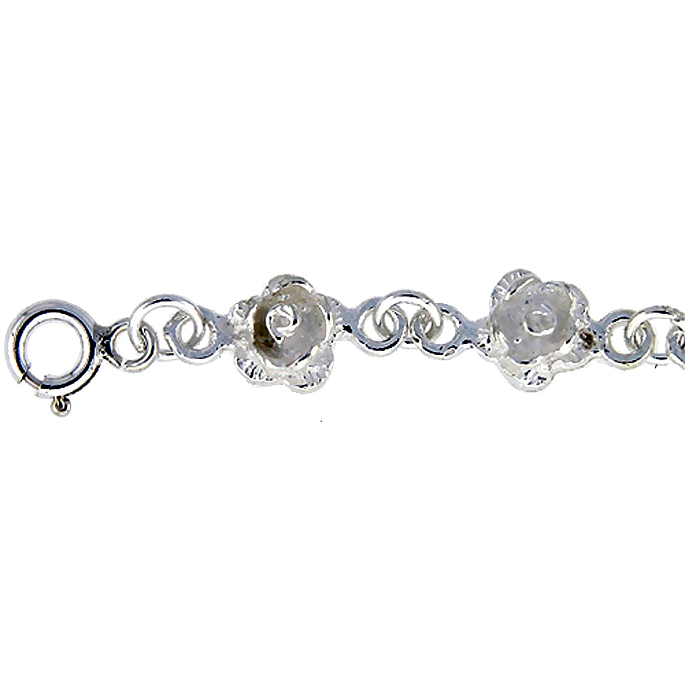 Sterling Silver Anklet with Rose Flower Links, fits 9 - 10 inch ankles