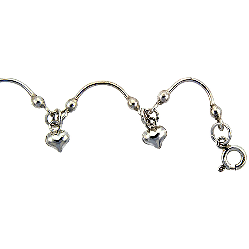 Sterling Silver Anklet with Hearts, fits 9 - 10 inch ankles