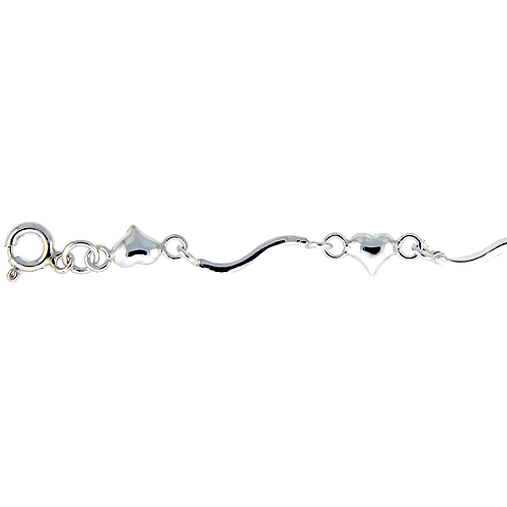 Sterling Silver Anklet with Hearts, fits 9 - 10 inch ankles