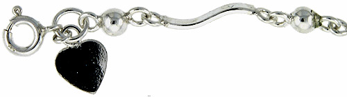 Sterling Silver Anklet with Hearts and Beads, fits 9 - 10 inch ankles