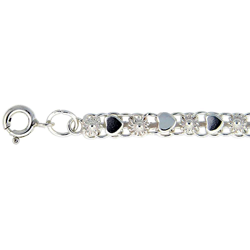 Sterling Silver Anklet with Heart & Flower Links, fits 9 - 10 inch ankles