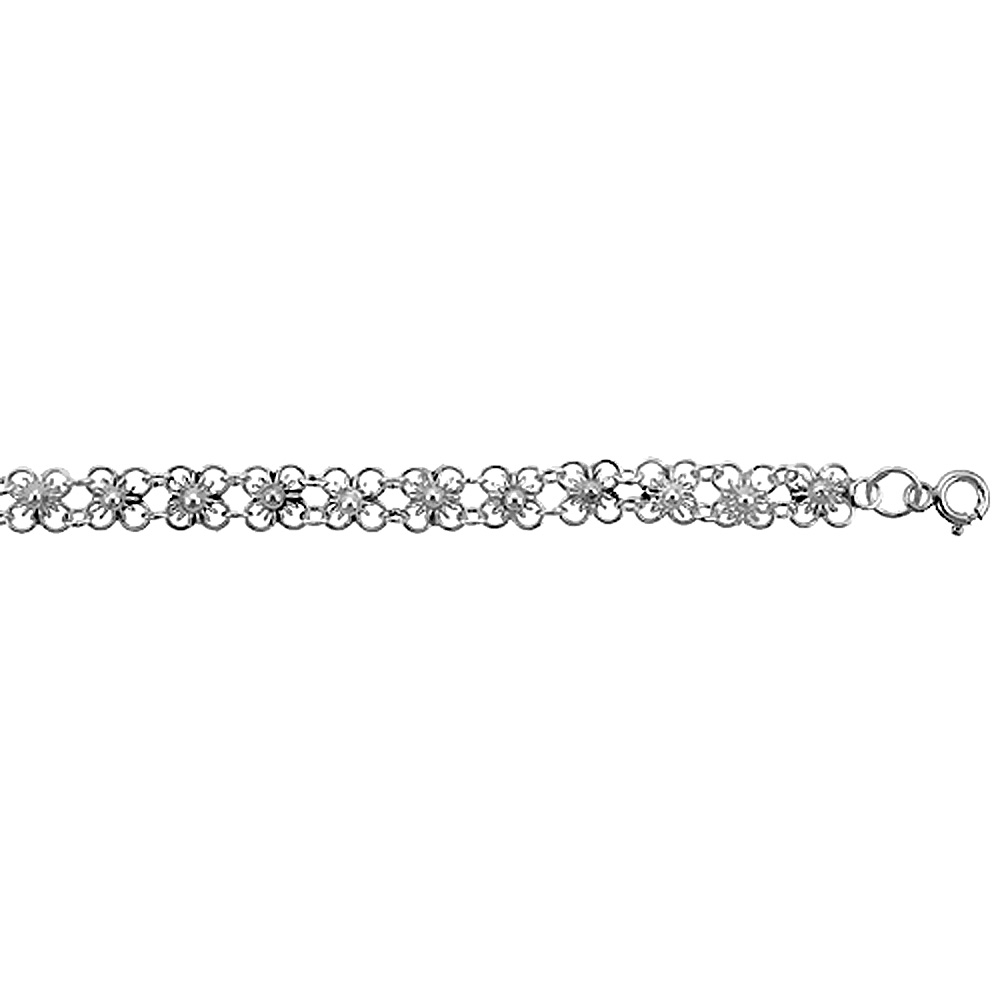 Sterling Silver Anklet with Flowers, fits 9 - 10 inch ankles