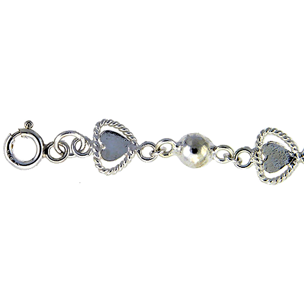 Sterling Silver Anklet with Hearts and Beads, fits 9 - 10 inch ankles