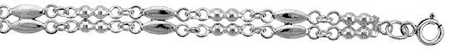 Sterling Silver Double Strand Anklet with Beads & Marquise-shaped Links, fits 9 - 10 inch ankles
