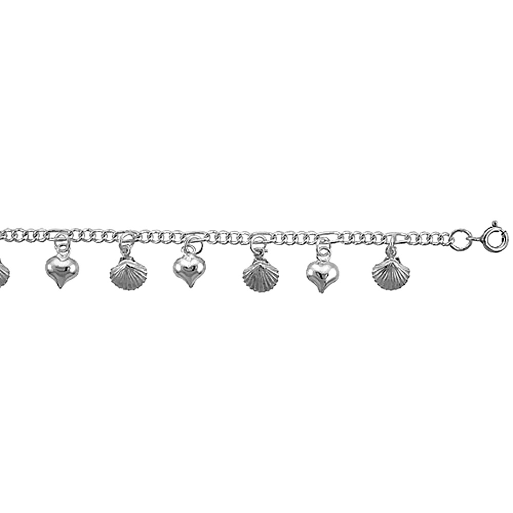 Sterling Silver Figaro Anklet with Heart & Clam Shell Charms, fits 9 - 10 inch ankles