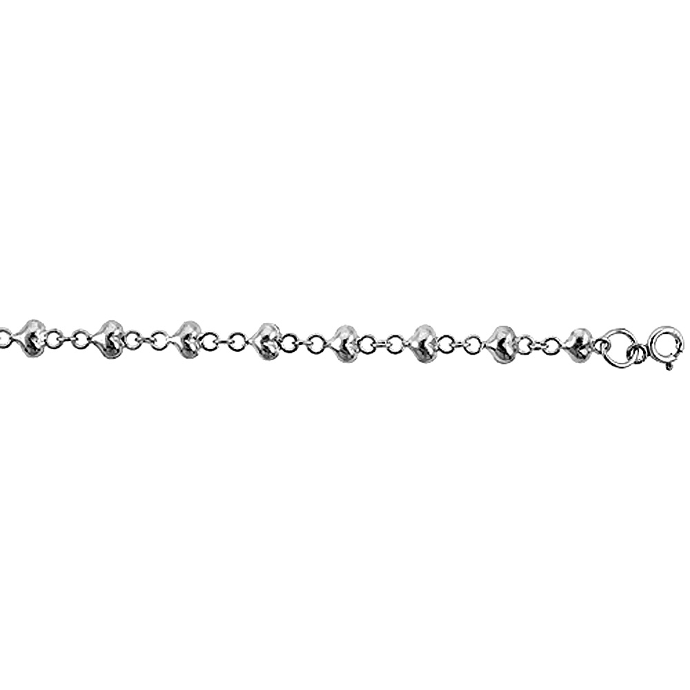 Sterling Silver Anklet with Heart Links, fits 9 - 10 inch ankles