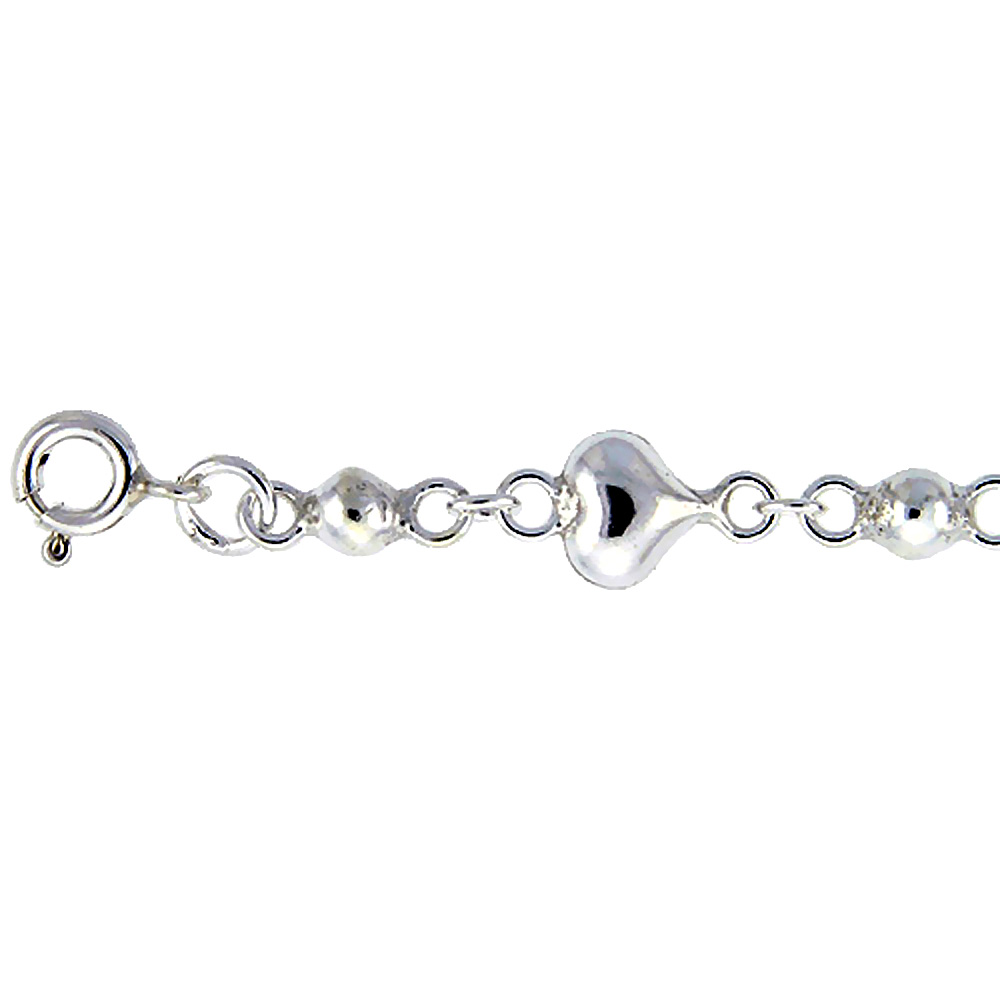 Sterling Silver Anklet with Bead & Heart Links, fits 9 - 10 inch ankles