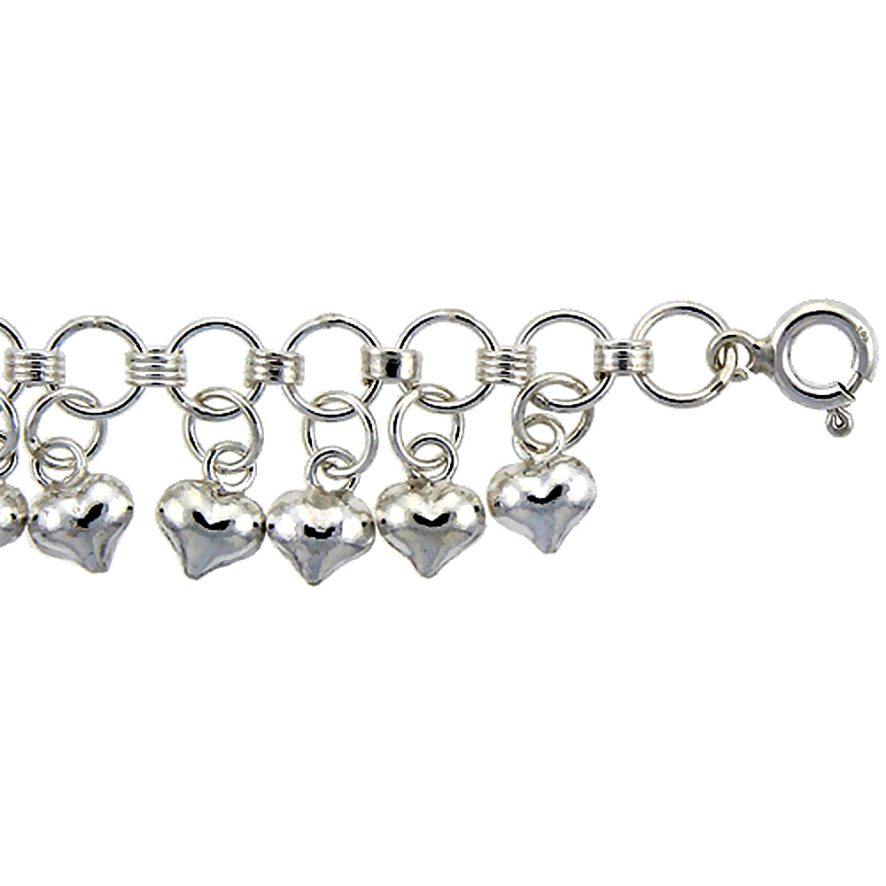 Sterling Silver Anklet with Heart Charms, fits 9 - 10 inch ankles
