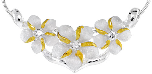 Hawaiian Theme Sterling Silver 2-Tone Triple Plumeria Flower Slider Pendant, 1 5/8 (42 mm) wide